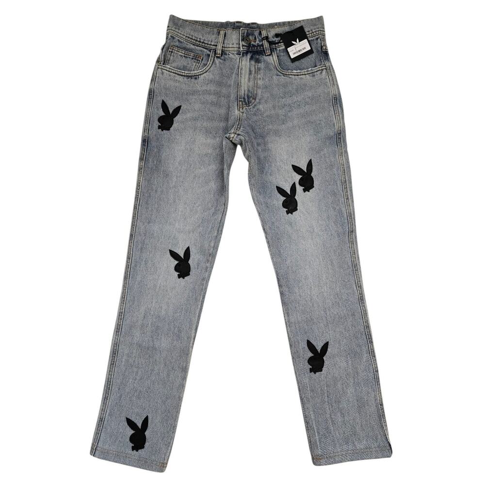 Playboy X Pleasures Black Leather Bunny Applique Denim Jeans Men’s Size 28 RARE - Picture 4 of 13